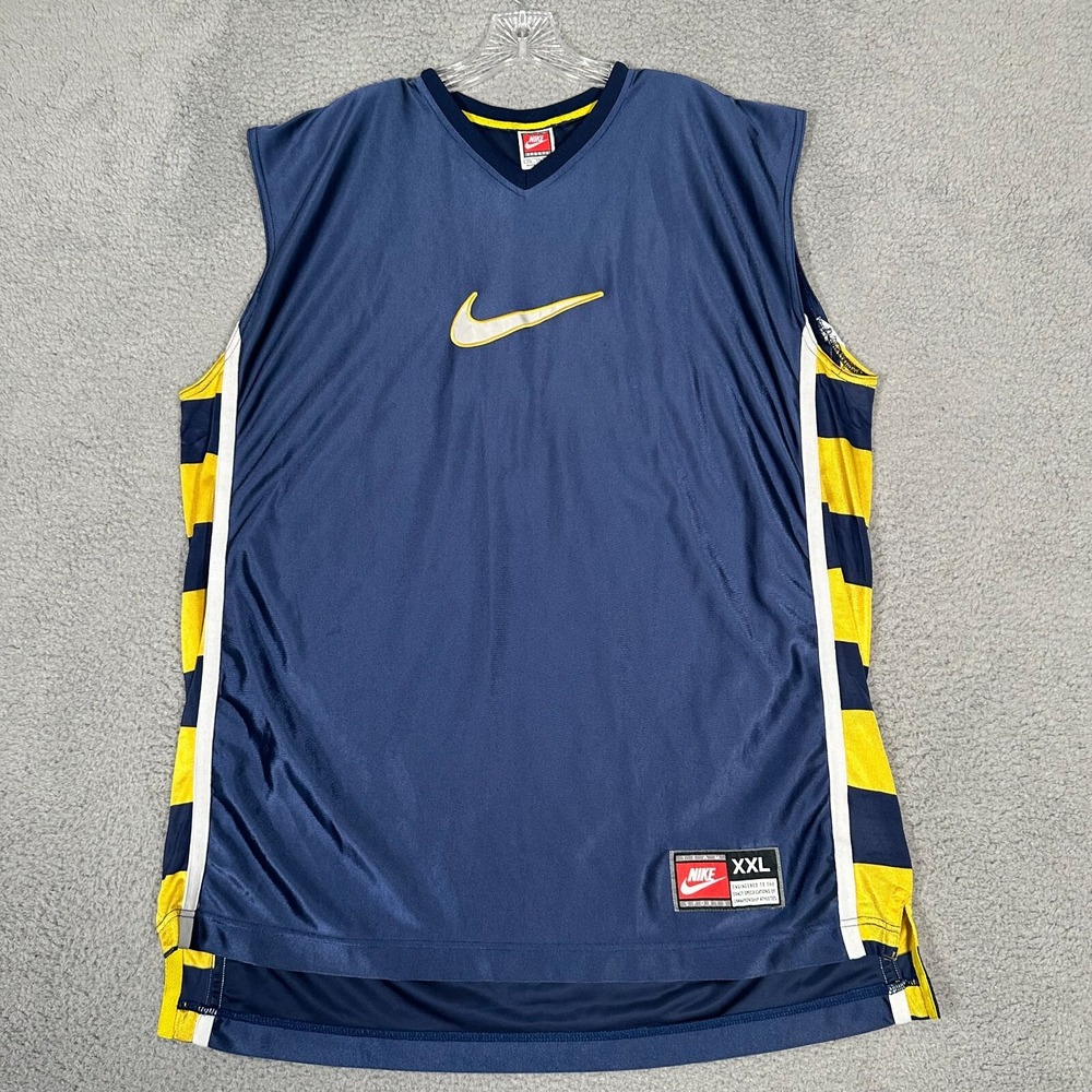 Vtg Nike Tank Top Mens 2XL Blue Yellow Shiny Silky Basketball Jersey Sleeveless